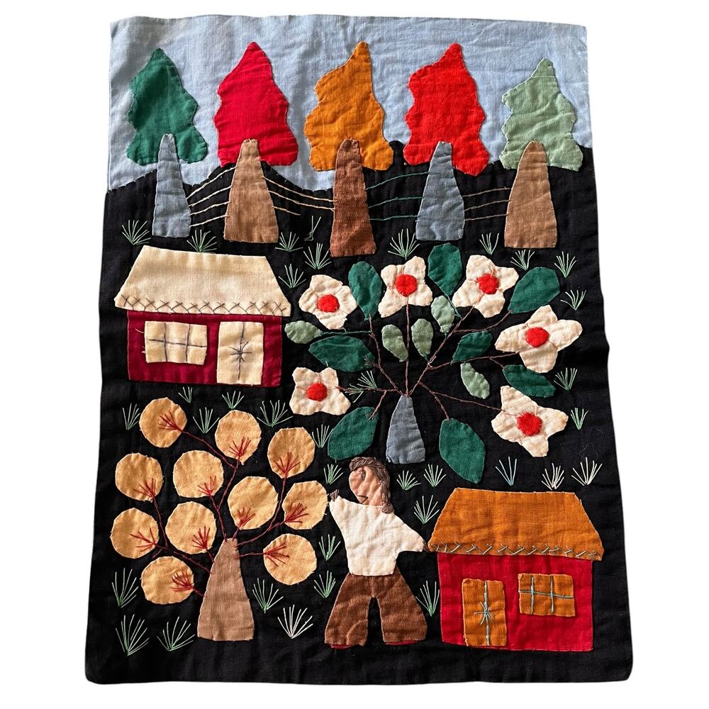 13 x 10 Vintage Peruvian Handmade Tapestry Arpillera Art Quilt Nature Farmhouse